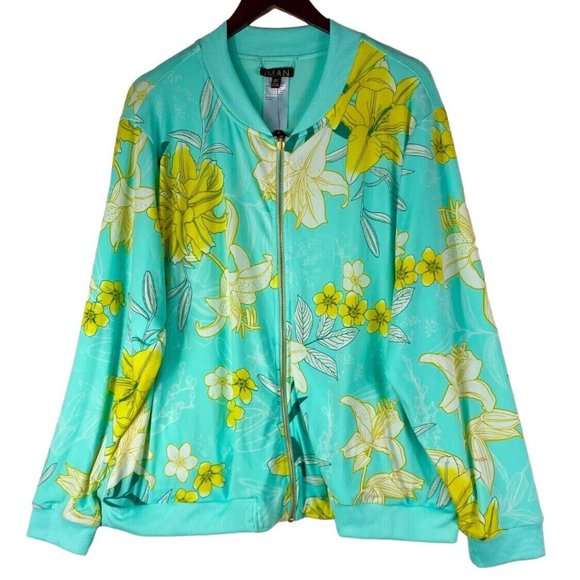 New IMAN 2X 18 20 XXL Bomber Jacket Coat Floral Teal Yellow Silky Zip Up - Picture 1 of 3